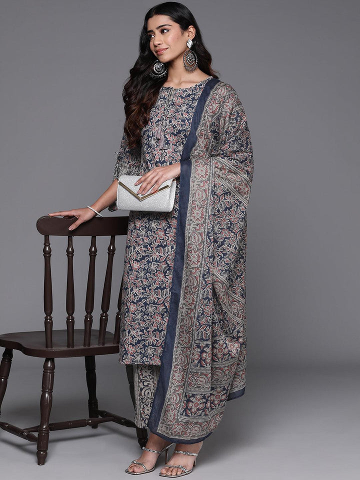 Blue Printed Cotton Straight Suit With Dupatta - Libas