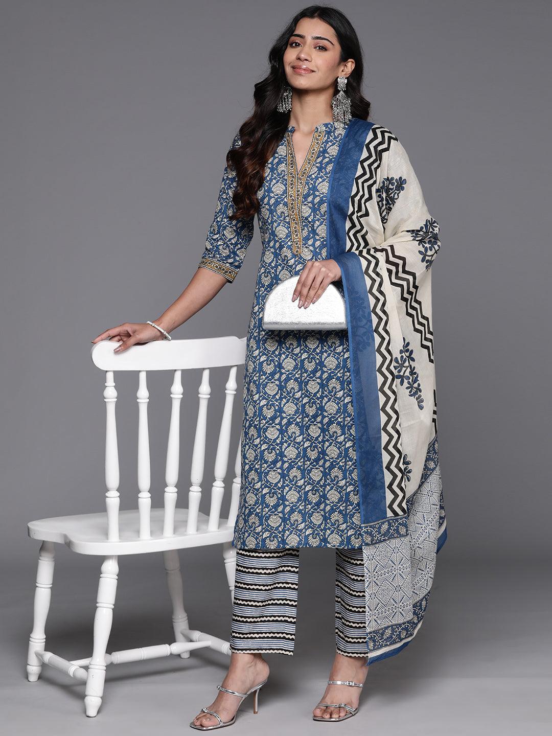 Blue Printed Cotton Straight Kurta With Trousers & Dupatta - Libas 