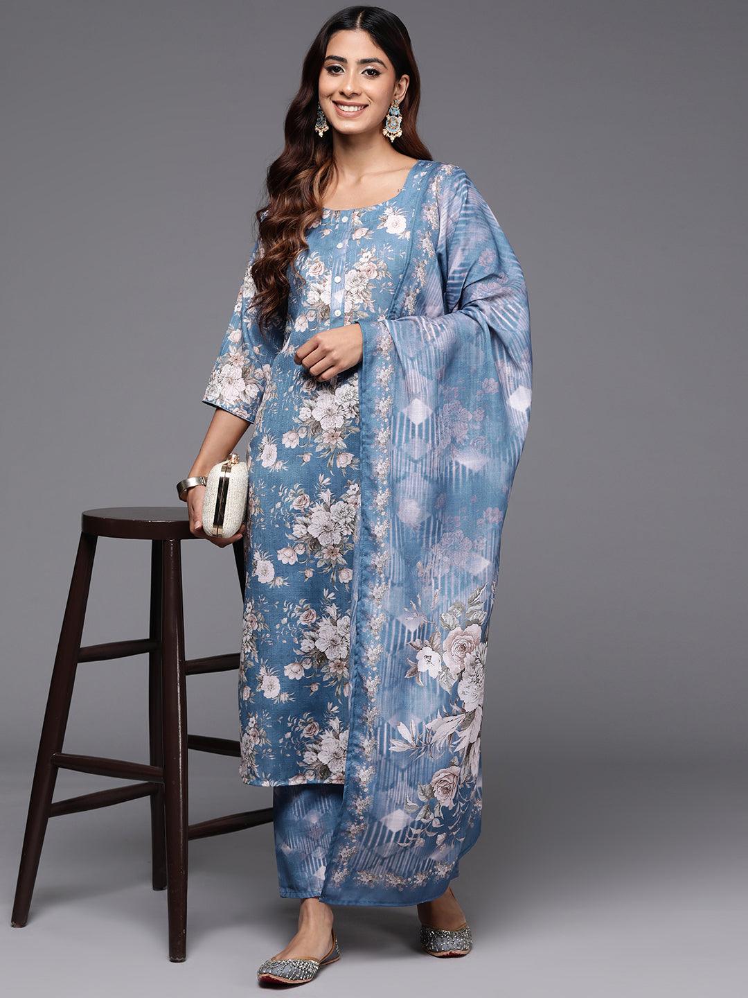 Blue Printed Cotton Straight Kurta With Trousers & Dupatta - Libas