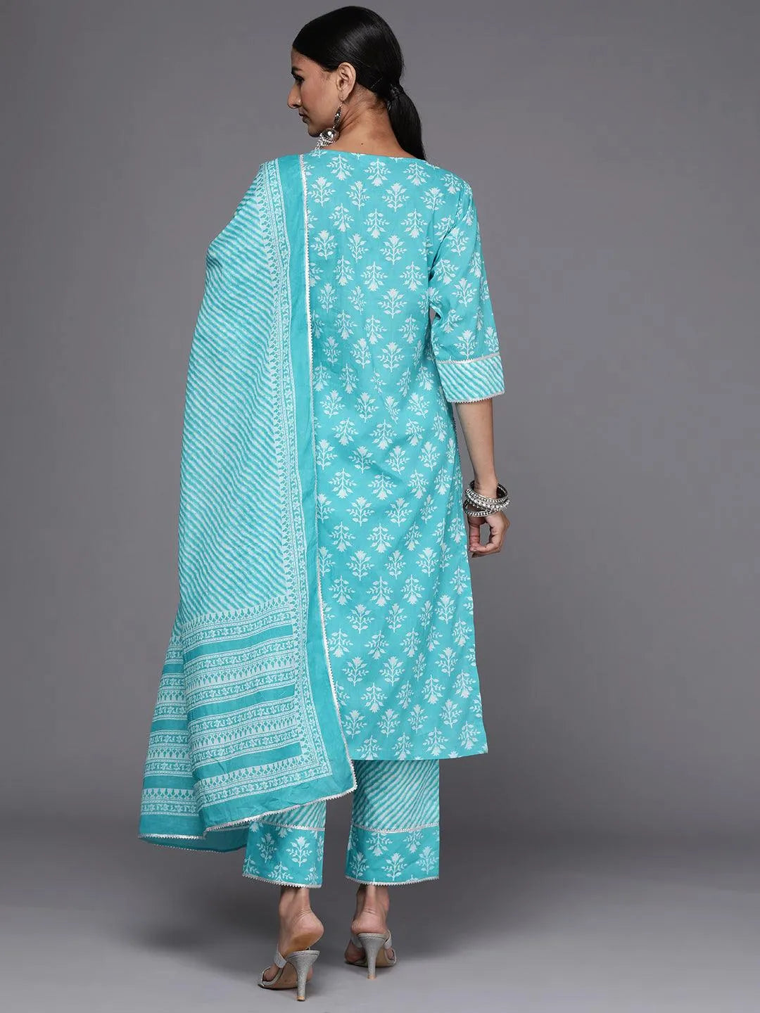 Blue Printed Cotton Straight Suit Set - Libas 