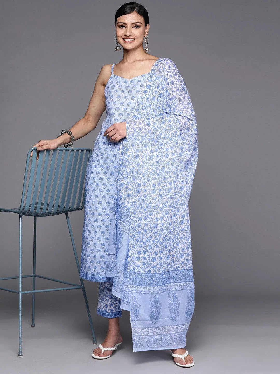 Blue Printed Cotton Straight Suit Set With Trousers - Libas 