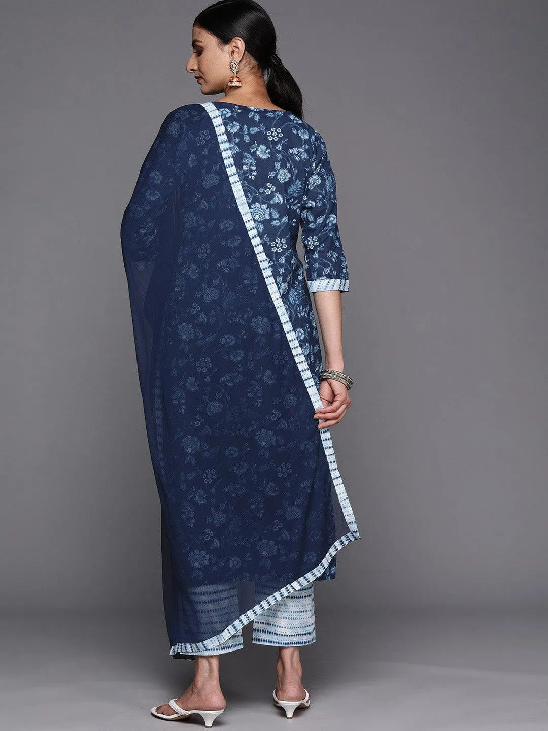 Blue Cotton Printed Straight Suit Set With Trousers - Libas