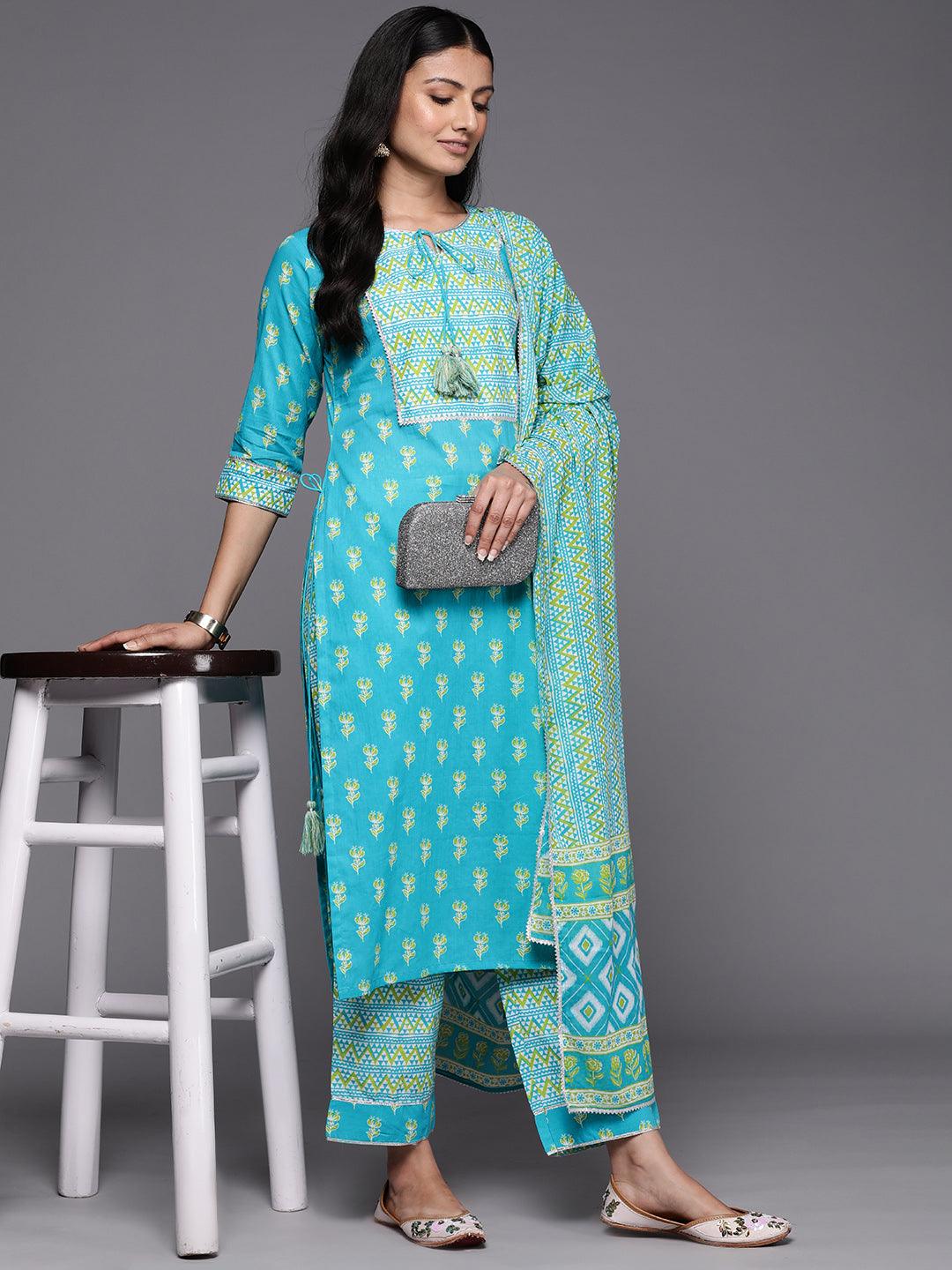 Blue Printed Cotton Straight Suit Set With Trousers - Libas 