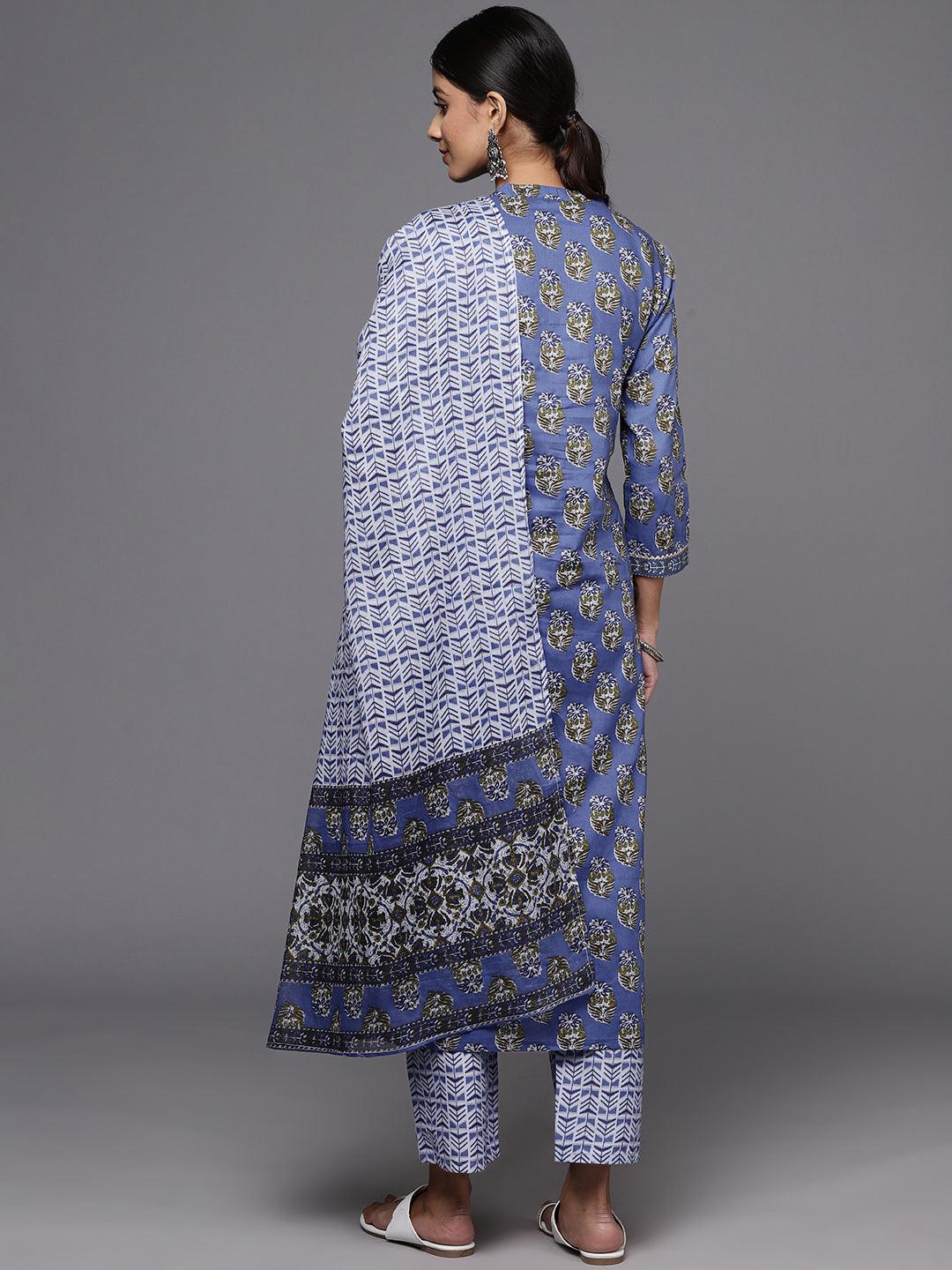 Blue Printed Cotton Straight Kurta With Trousers & Dupatta - Libas