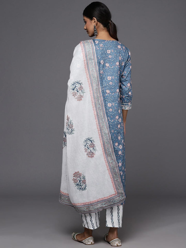 Blue Printed Cotton Straight Kurta With Trousers & Dupatta - Libas