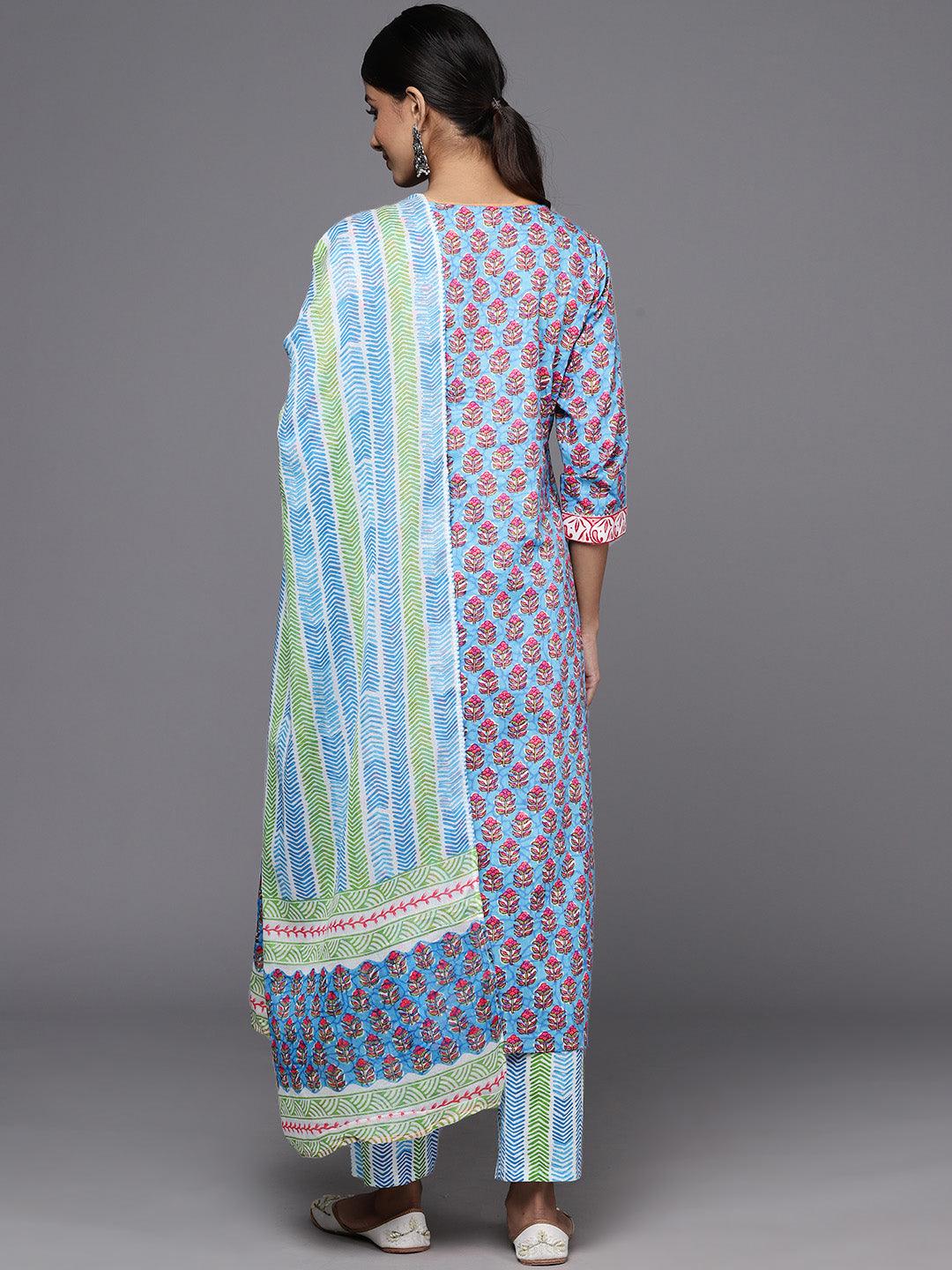 Blue Printed Cotton Straight Kurta With Trousers & Dupatta - Libas