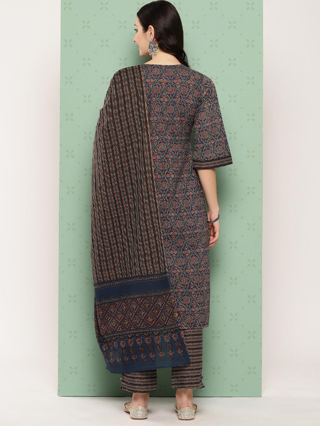 Blue Printed Cotton Straight Kurta With Trousers & Dupatta - Libas