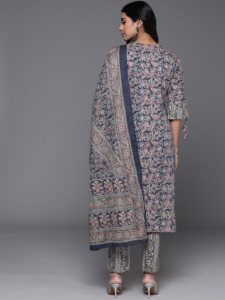 Blue Printed Cotton Straight Suit With Dupatta - Libas