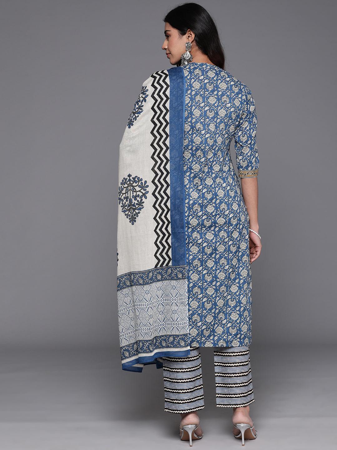 Blue Printed Cotton Straight Kurta With Trousers & Dupatta - Libas 