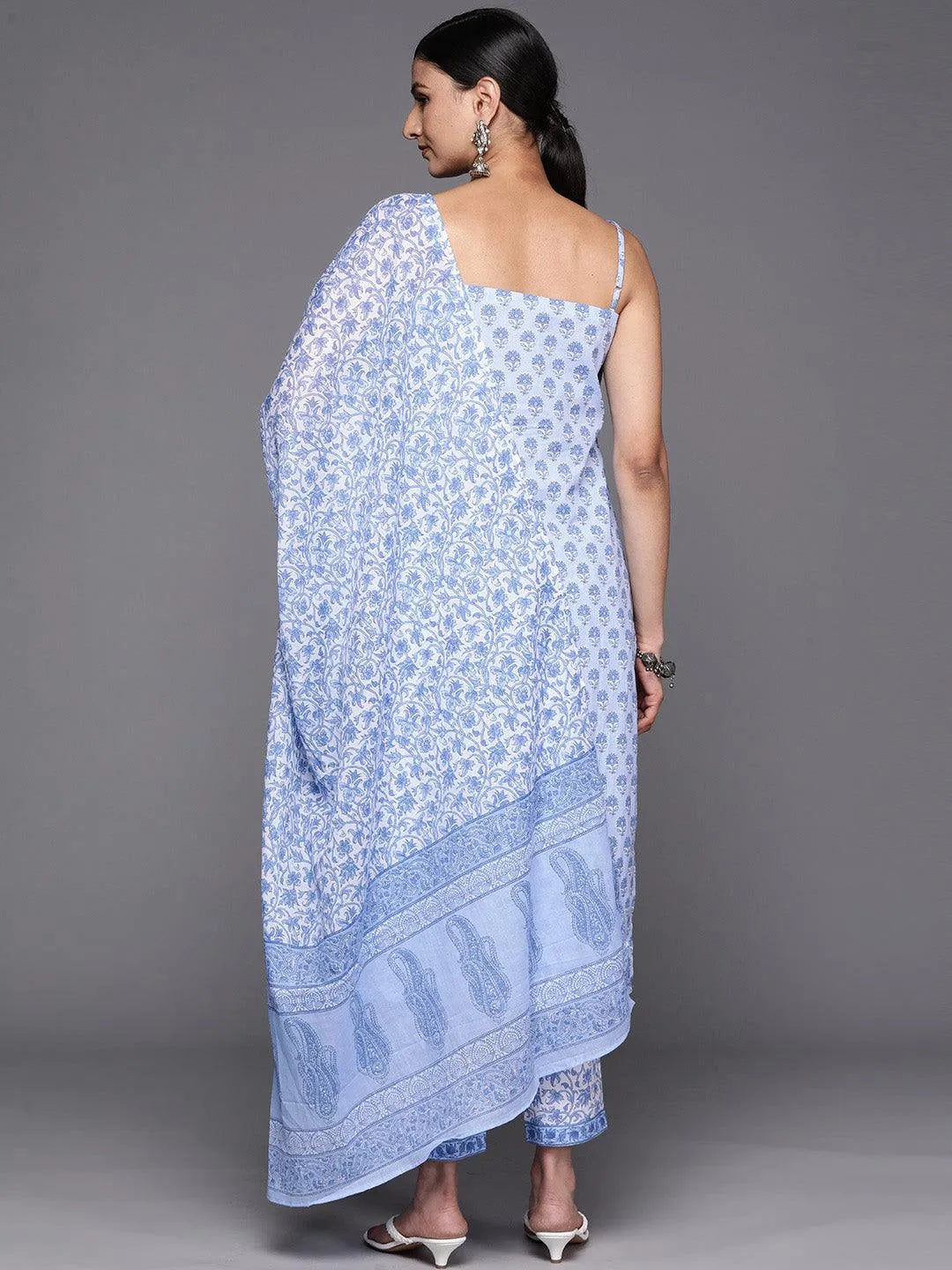 Blue Printed Cotton Straight Suit Set With Trousers - Libas 