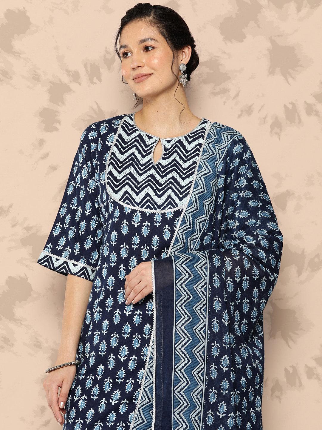 Blue Printed Cotton Straight Kurta With Trousers and Dupatta - Libas