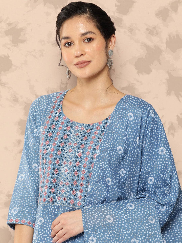 Blue Printed Cotton Straight Kurta With Trousers and Dupatta - Libas