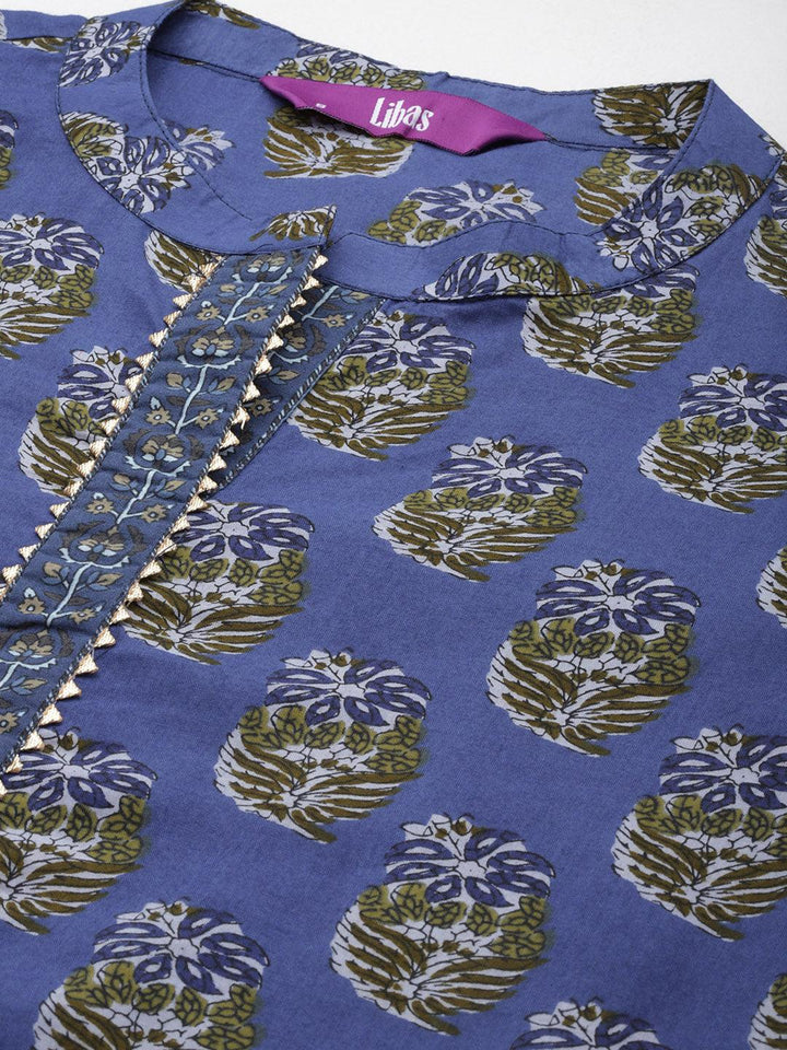 Blue Printed Cotton Straight Kurta With Trousers & Dupatta - Libas