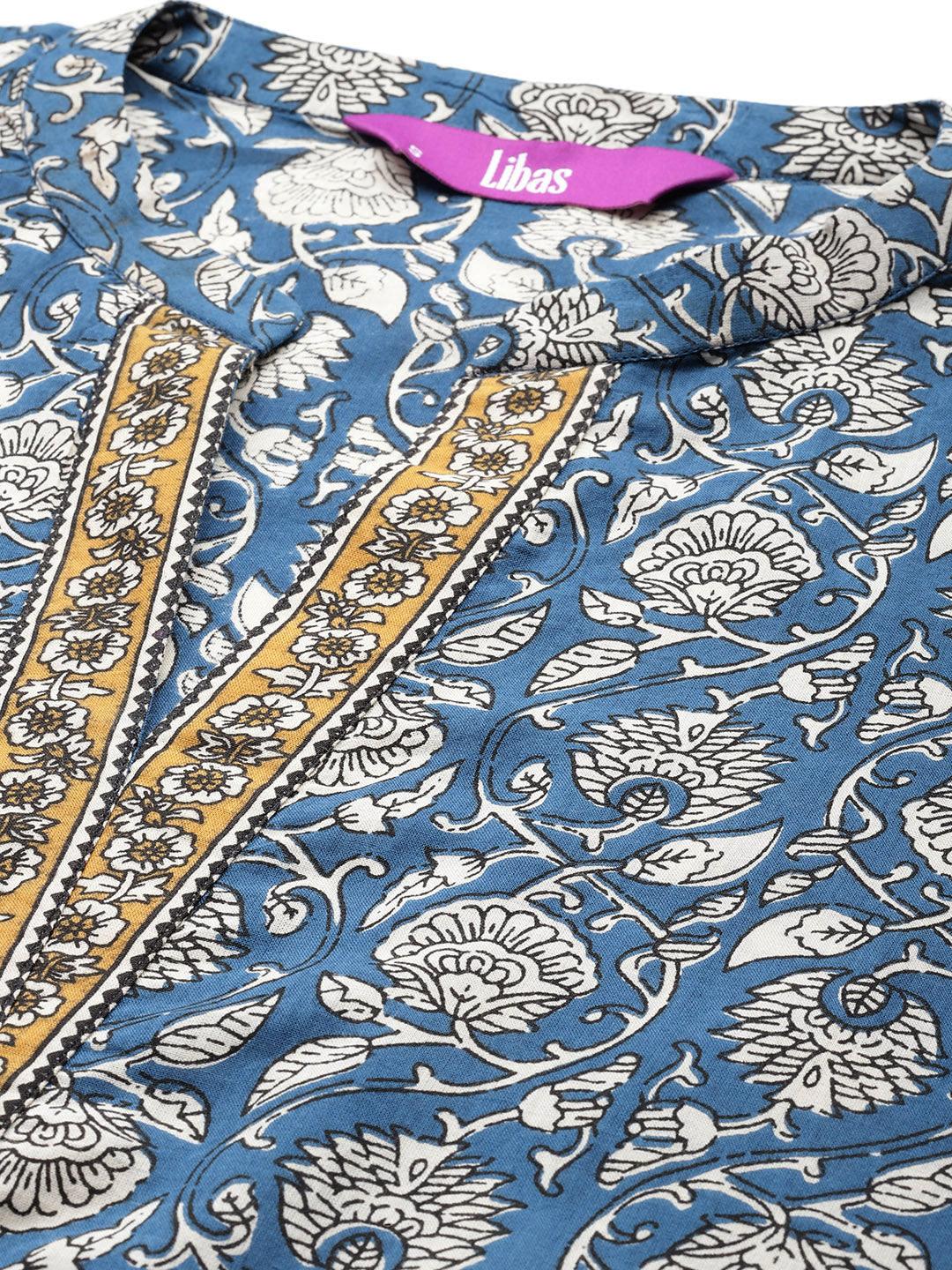 Blue Printed Cotton Straight Kurta With Trousers & Dupatta - Libas 