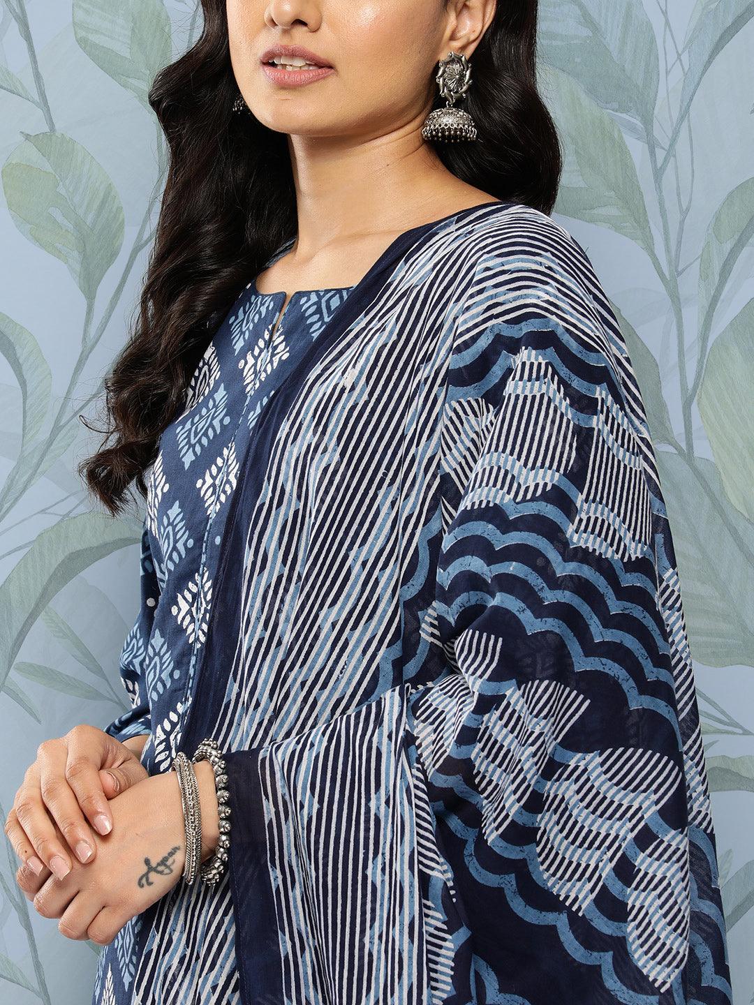 Blue Printed Cotton Straight Suit Set With Trousers - Libas