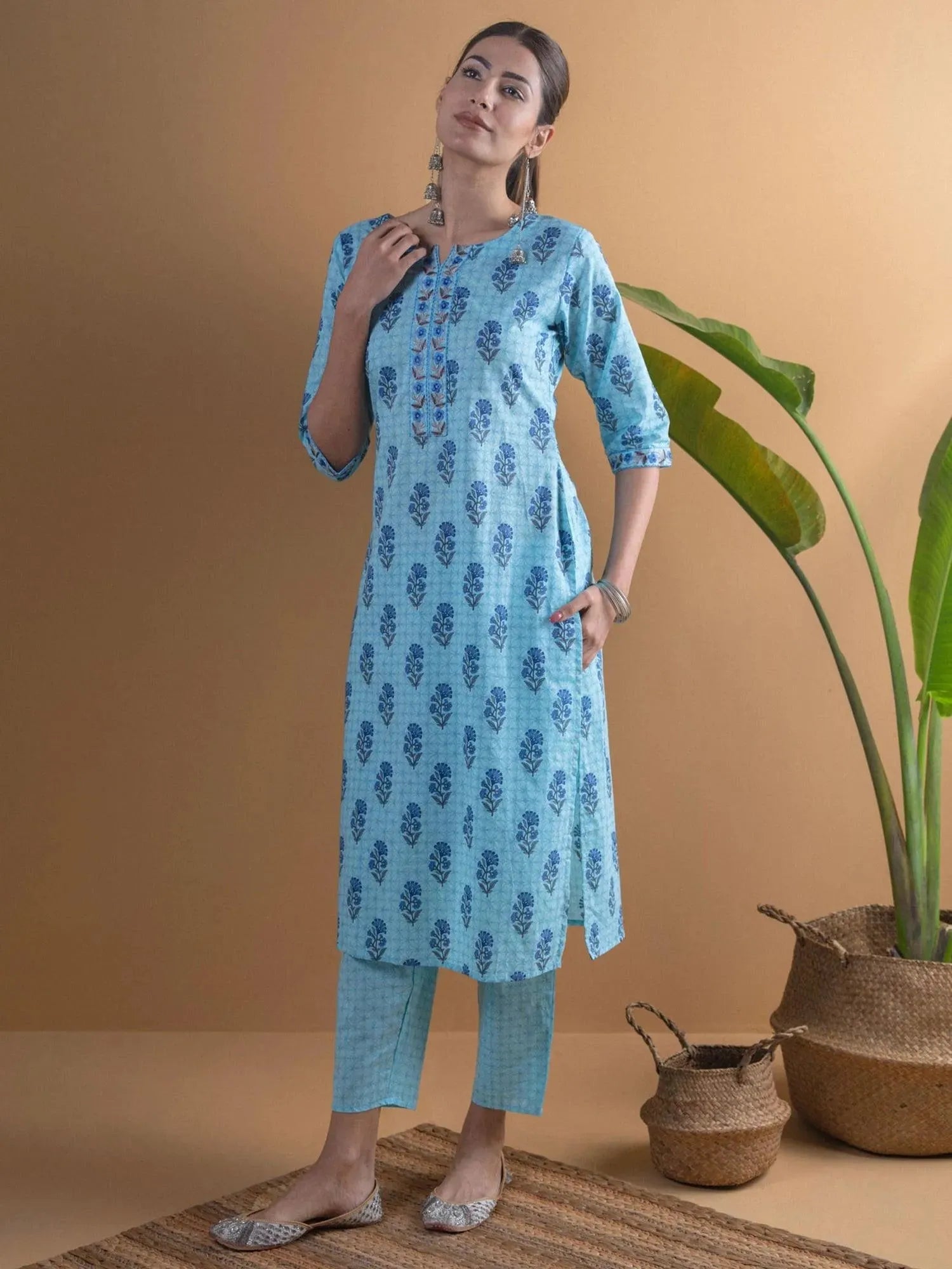 

Blue Printed Cotton Straight Kurta With Trousers