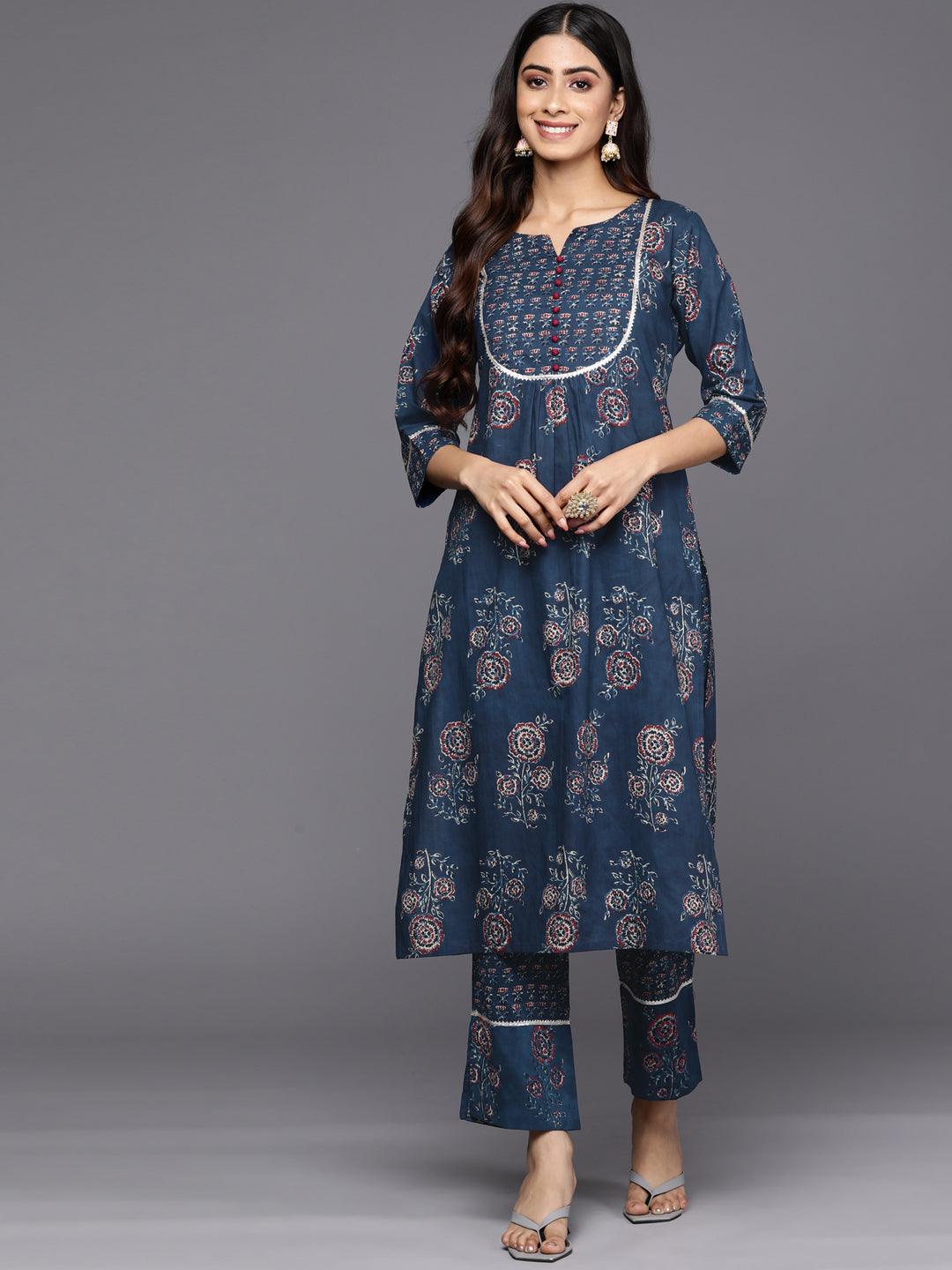 Blue Printed Cotton Straight Kurta Set With Trousers - Libas