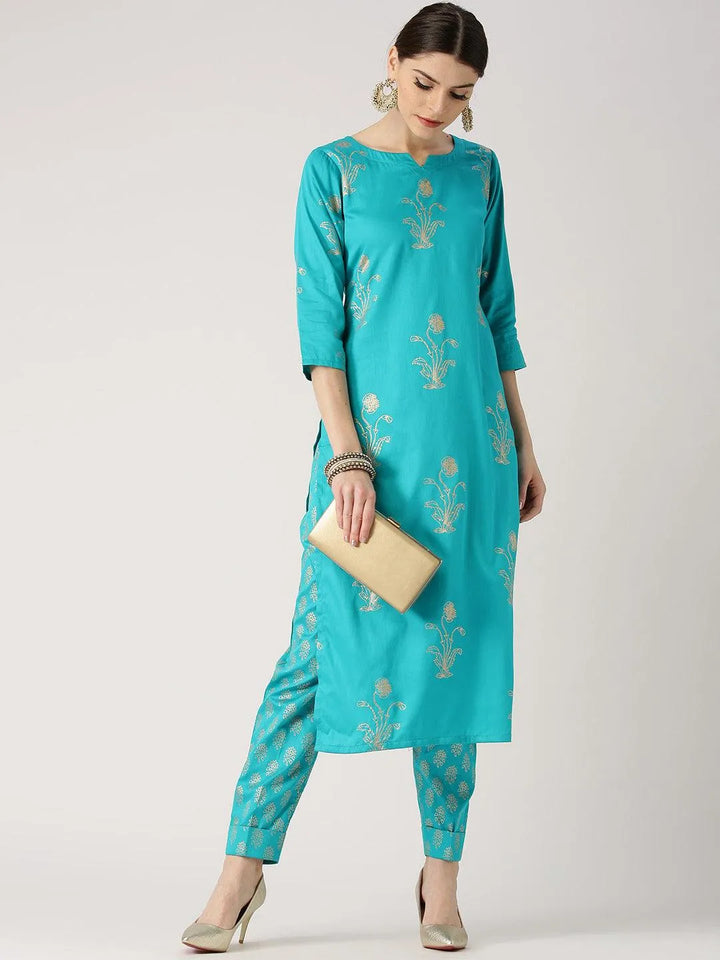 Blue Printed Cotton Kurta Set - Libas