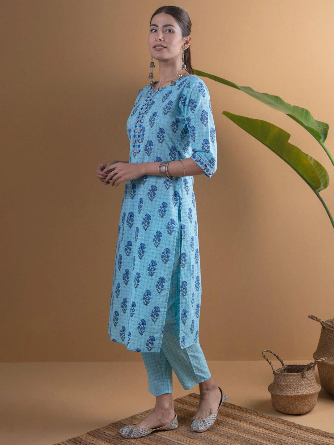 Blue Printed Cotton Kurta Set - Libas 