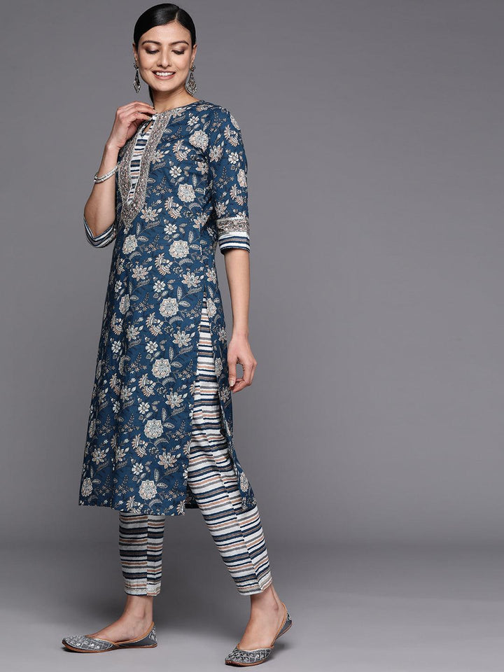 Blue Printed Cotton Straight Kurta Set With Trousers - Libas
