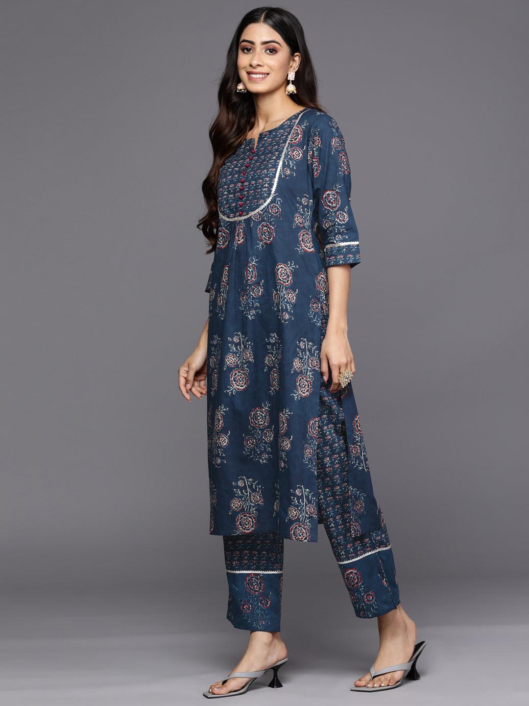 Blue Printed Cotton Straight Kurta Set With Trousers - Libas 