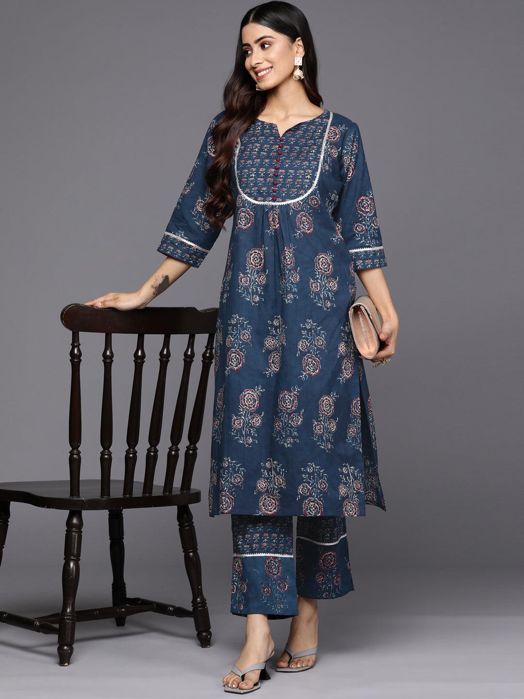 Blue Printed Cotton Straight Kurta Set With Trousers - Libas 