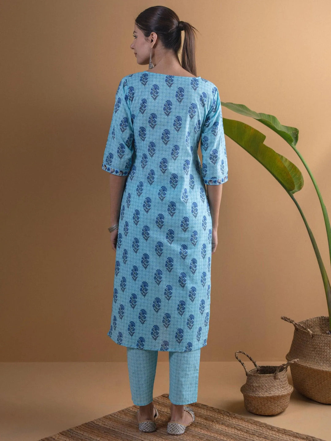 Blue Printed Cotton Kurta Set - Libas 