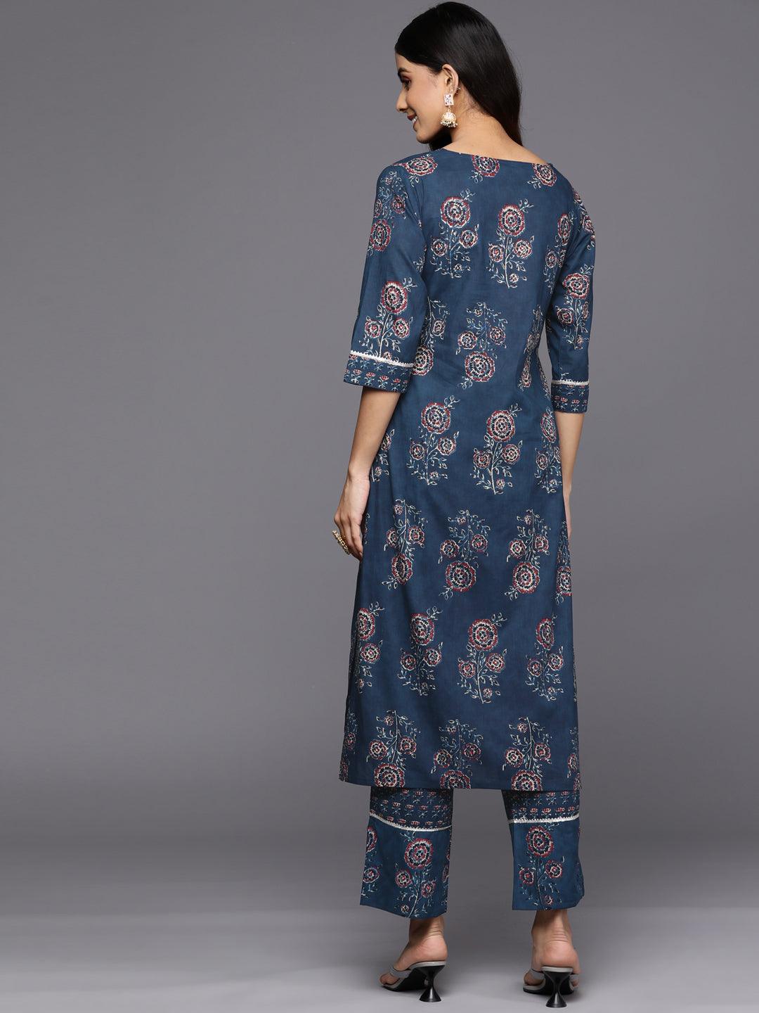 Blue Printed Cotton Straight Kurta Set With Trousers - Libas 