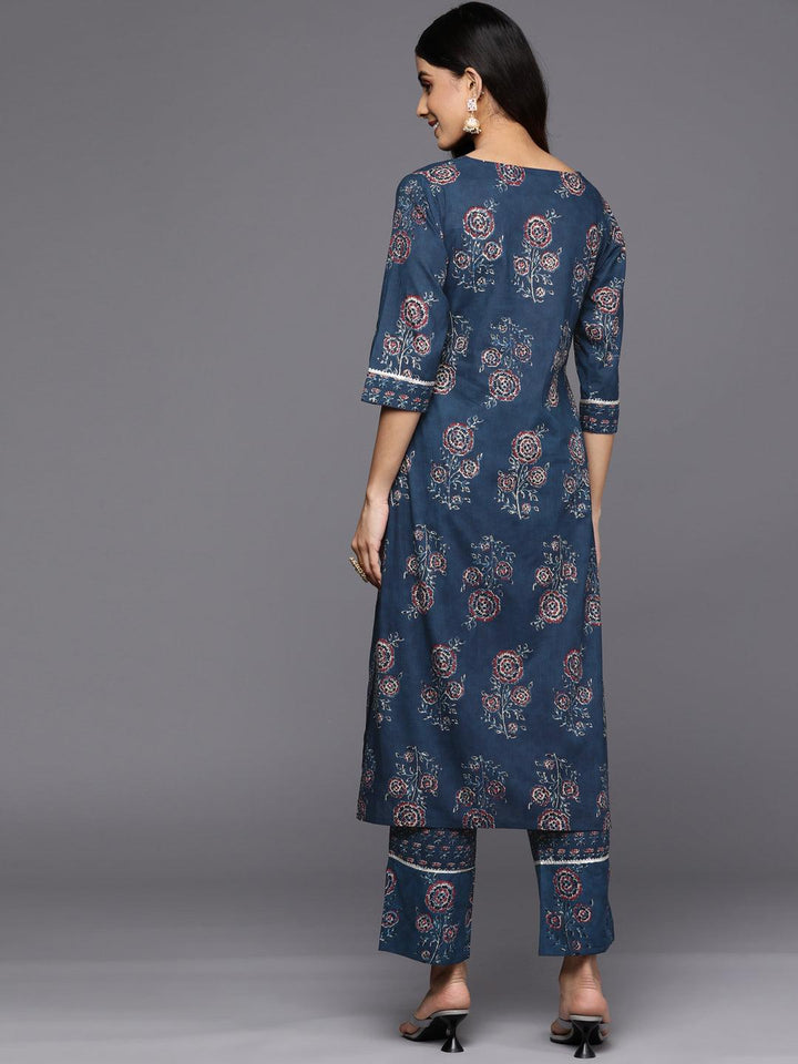 Blue Printed Cotton Straight Kurta Set With Trousers - Libas