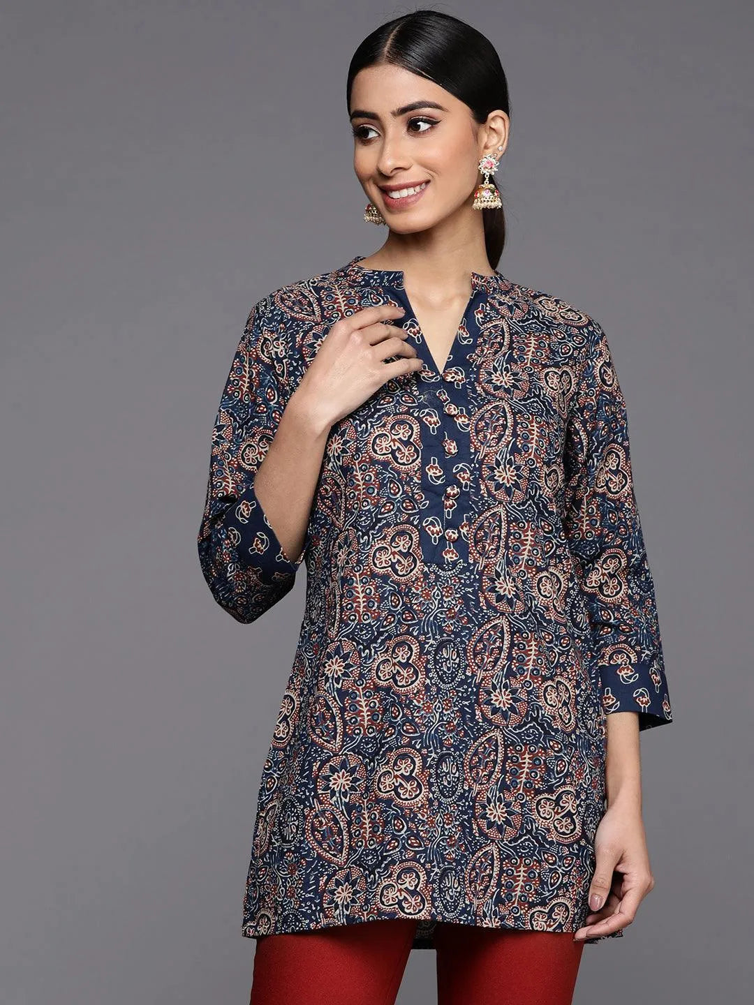 Blue Printed Cotton Straight Kurti - Libas