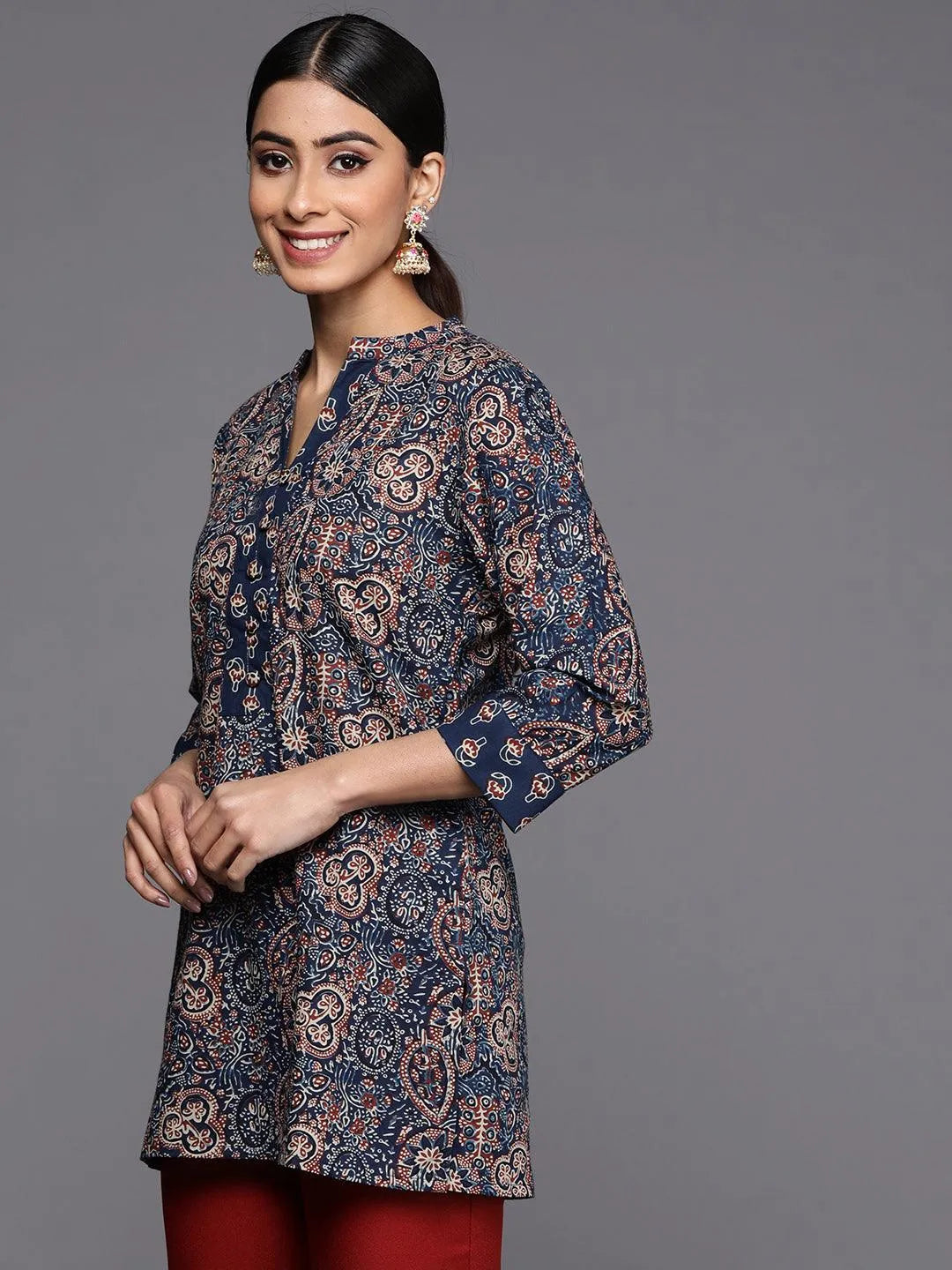 Blue Printed Cotton Straight Kurti - Libas