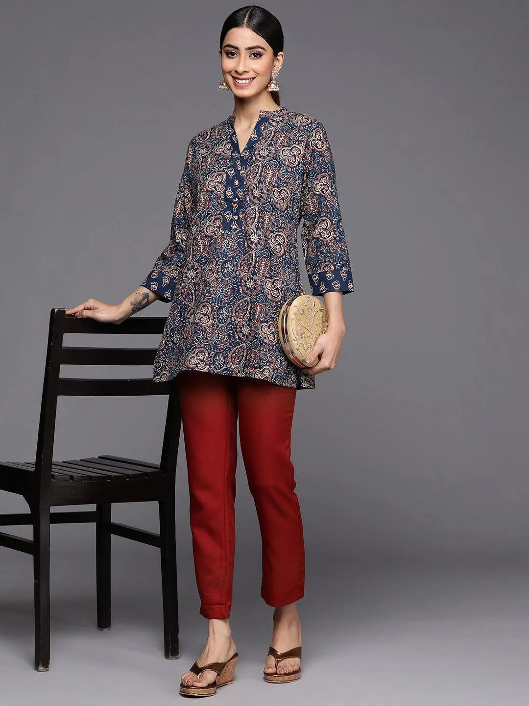 Blue Printed Cotton Straight Kurti - Libas