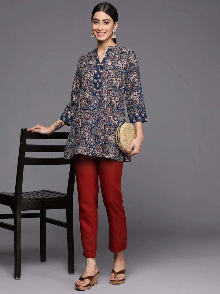 Blue Printed Cotton Straight Kurti - Libas