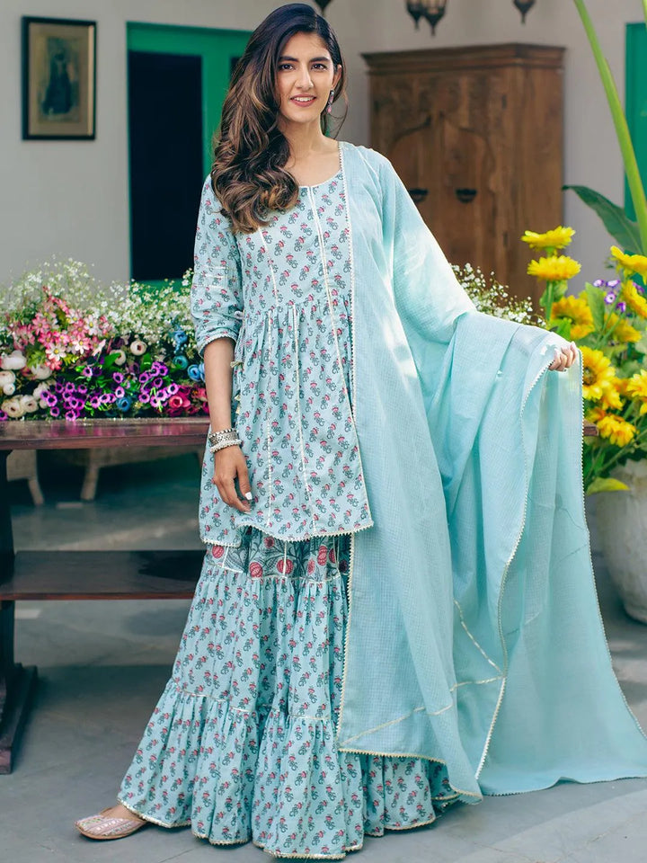 Blue Printed Cotton Suit Set - Libas