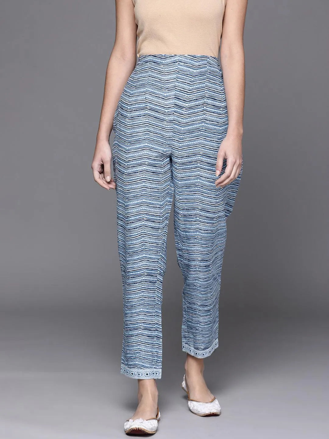 Blue Printed Cotton Trousers - Libas