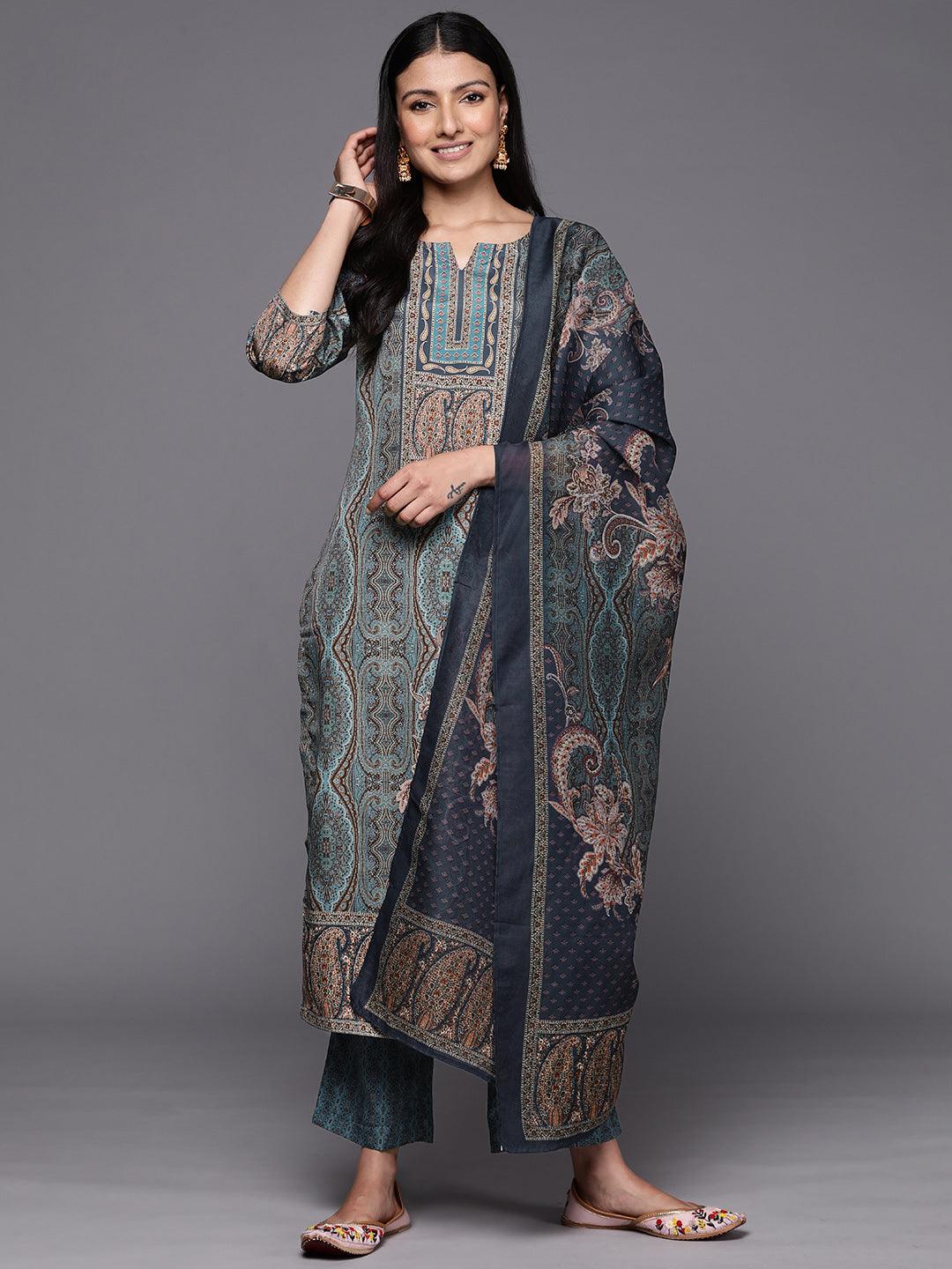 Blue Printed Crepe Straight Suit Set With Trousers - Libas 