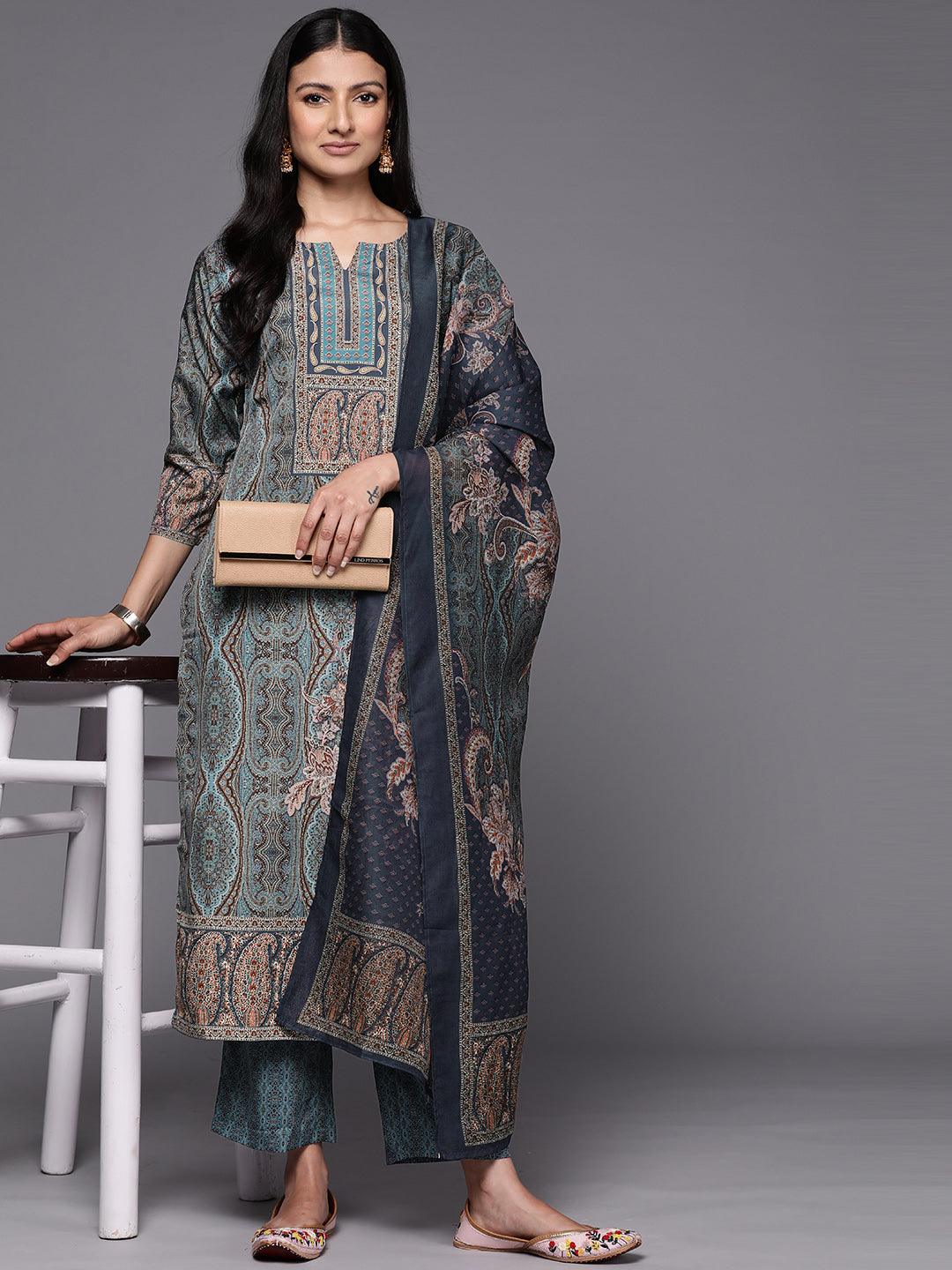 Blue Printed Crepe Straight Suit Set With Trousers - Libas 