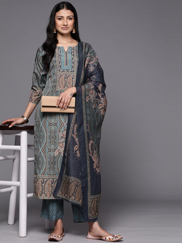 Blue Printed Crepe Straight Suit Set With Trousers - Libas