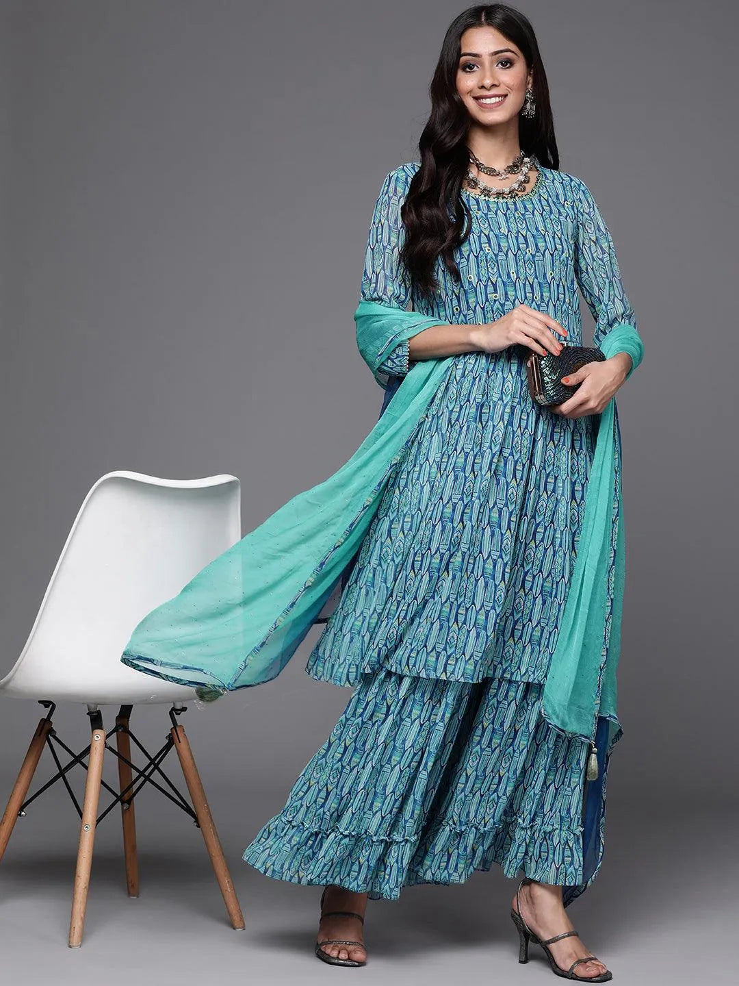 Blue Printed Georgette Suit Set - Libas