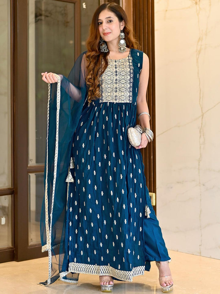 Blue Printed Georgette A-Line Kurta With Trousers & Dupatta - Libas