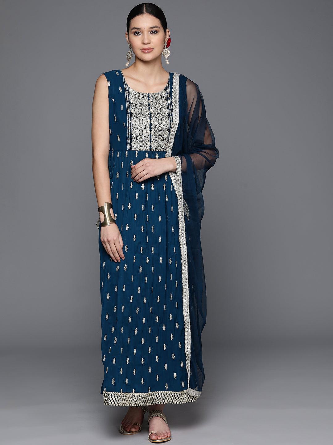 Blue Printed Georgette A-Line Kurta With Trousers & Dupatta - Libas