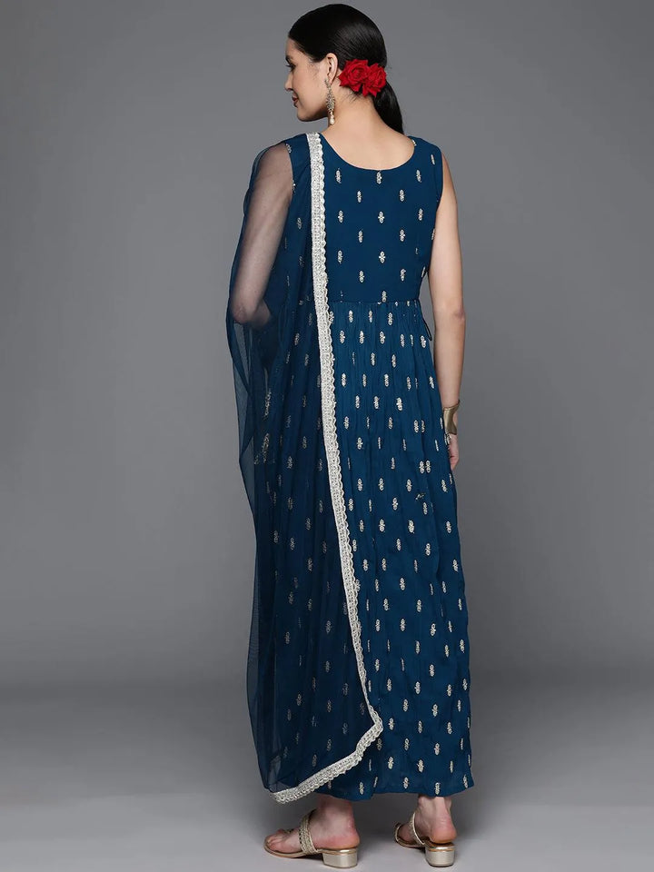 Blue Printed Georgette A-Line Kurta With Trousers & Dupatta - Libas