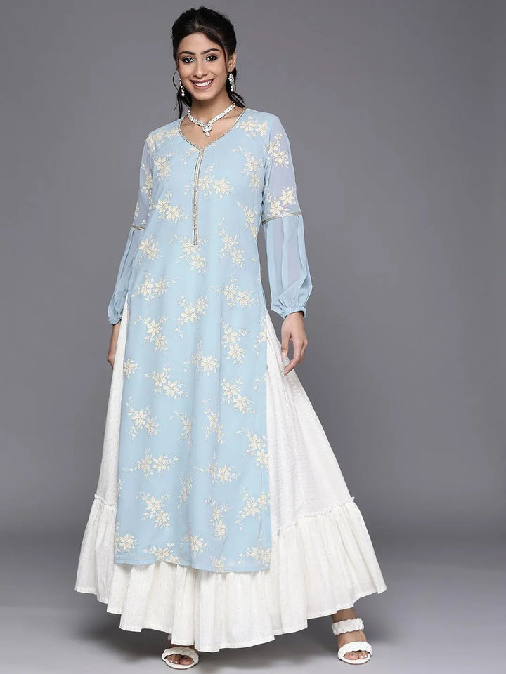 Blue Printed Georgette Kurta - Libas