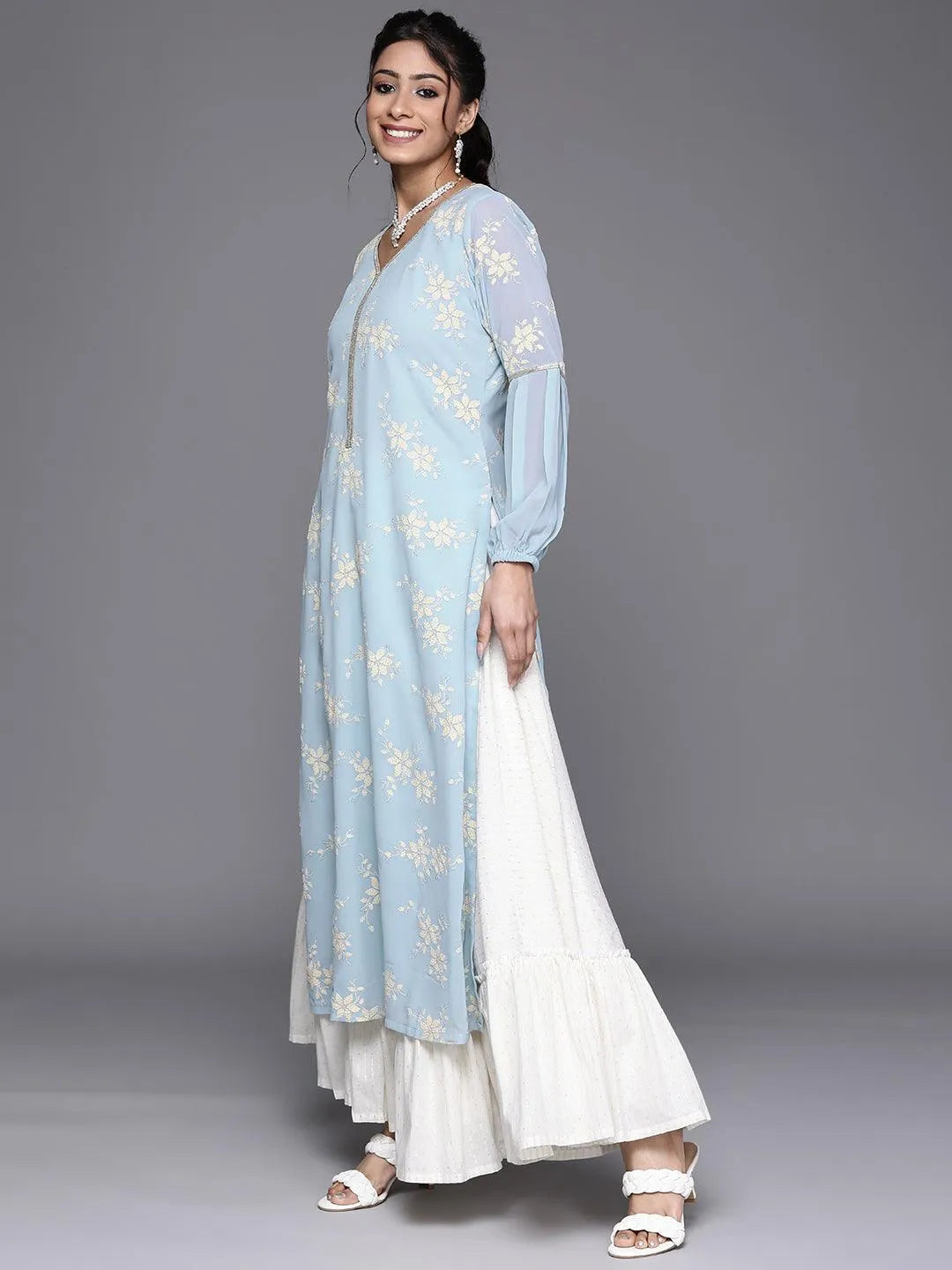 Blue Printed Georgette Kurta - Libas 