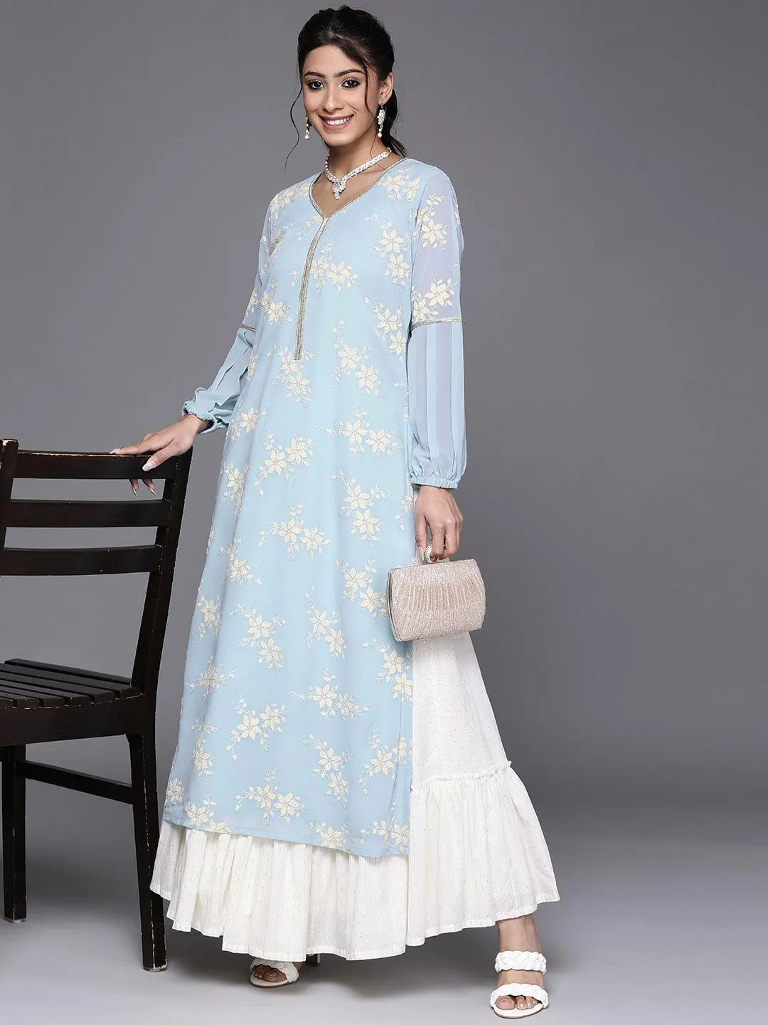 Blue Printed Georgette Kurta - Libas 