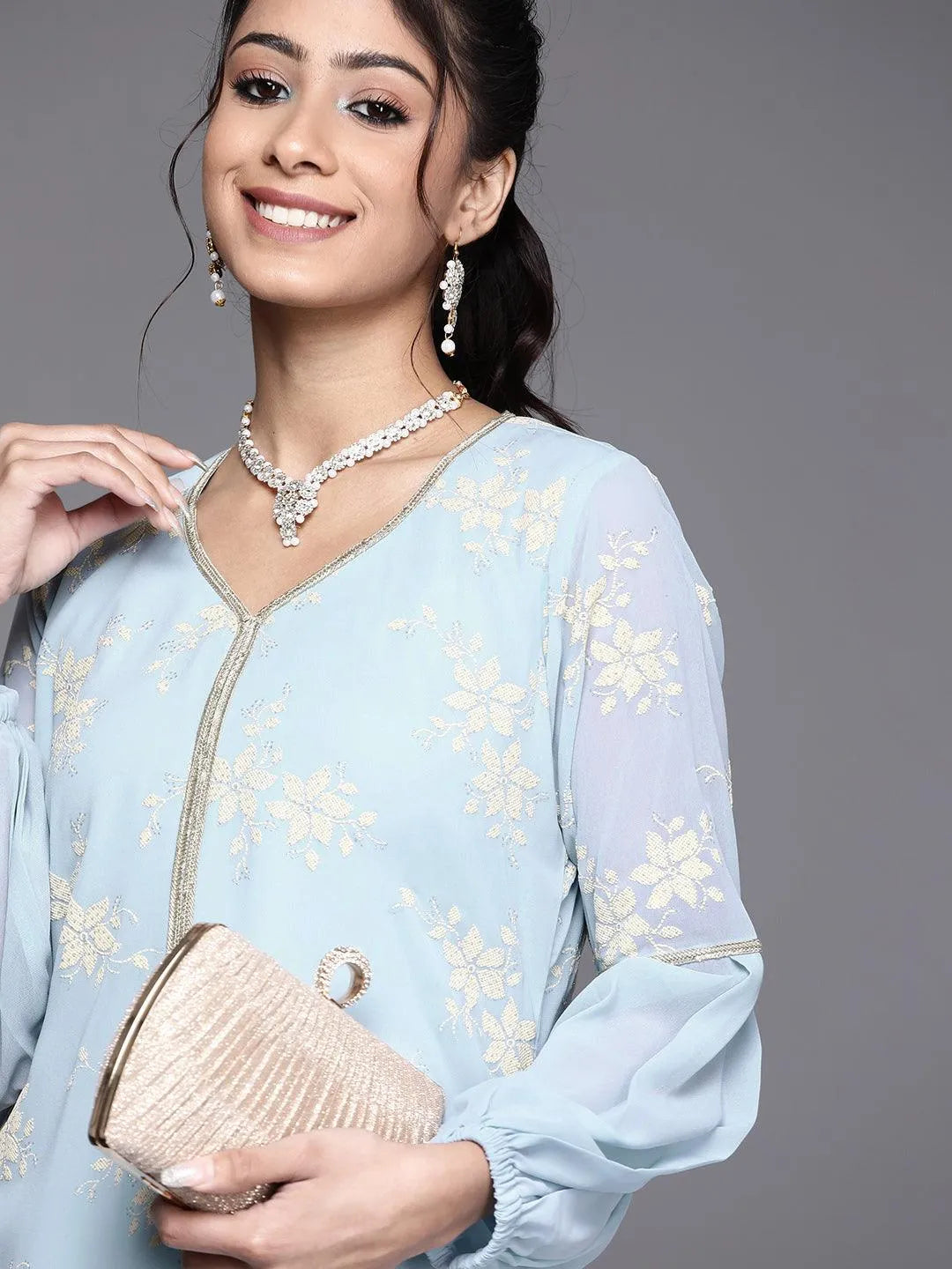 Blue Printed Georgette Kurta - Libas 