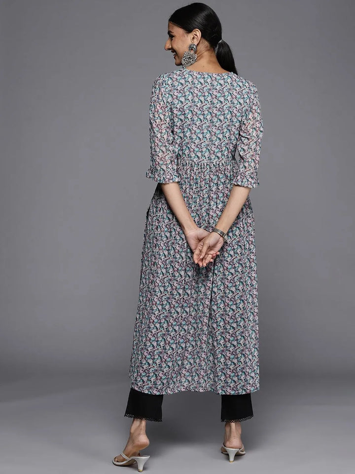 Blue Printed Georgette Straight Kurta - Libas