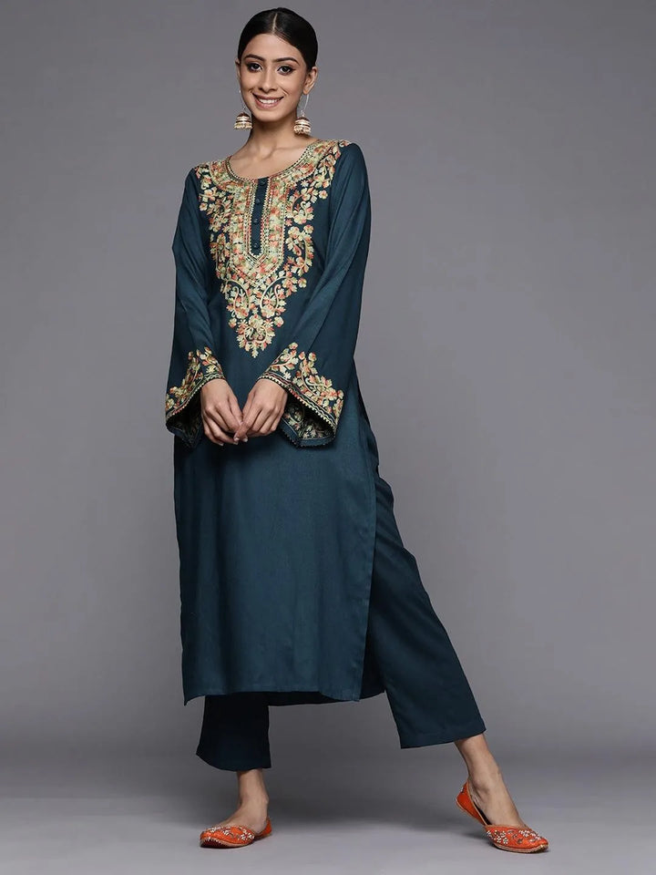 Blue Printed Pashmina Wool Kurta - Libas