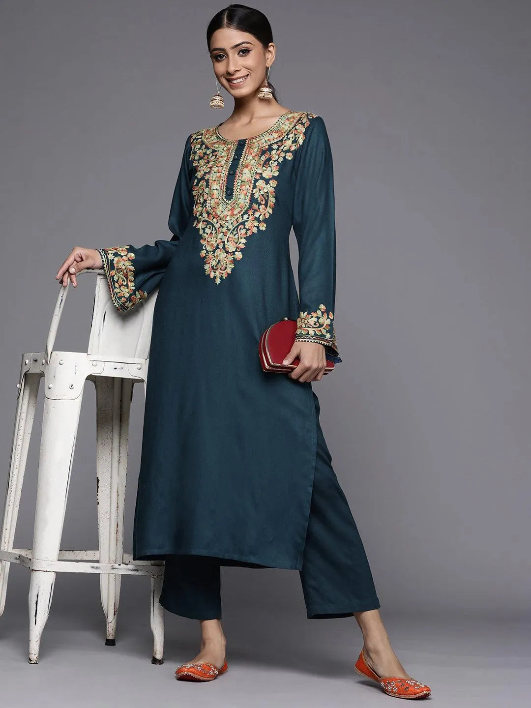 Blue Printed Pashmina Wool Kurta - Libas