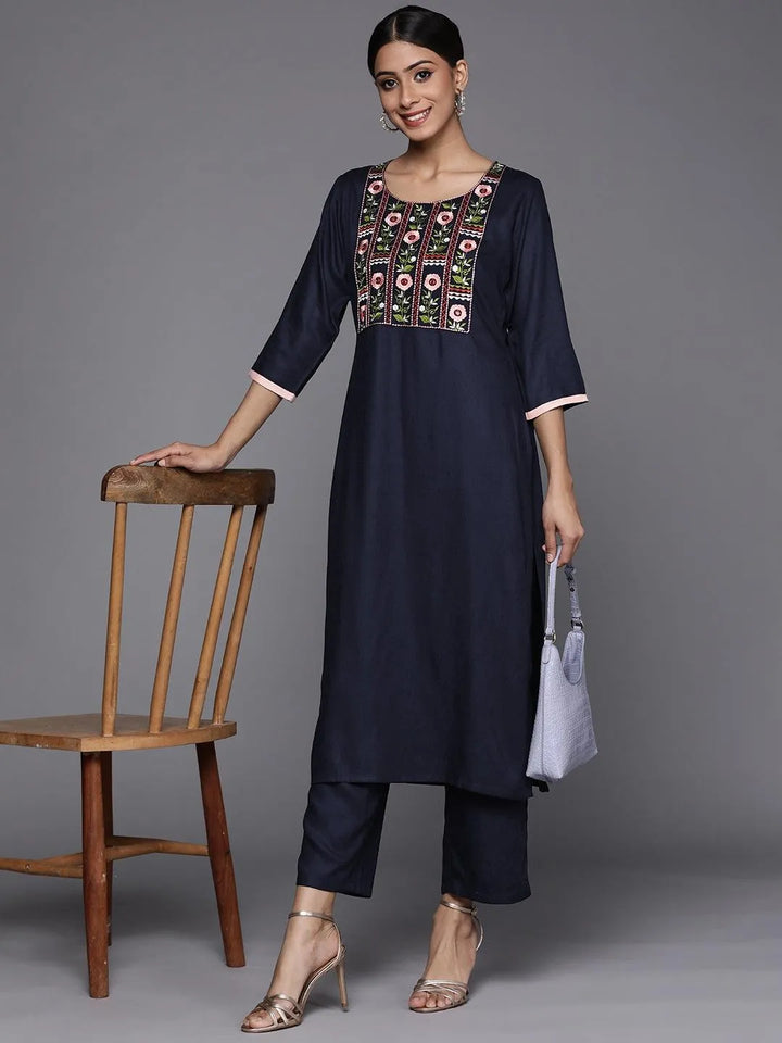 Blue Printed Pashmina Wool Kurta - Libas